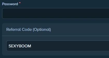 Stake sign-up form with referral code SexyBoom entered